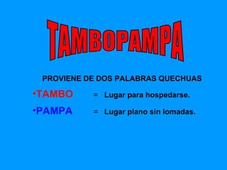 PROVIENE DE  DOS  PALABRAS QUECHUAS TAMBO    =  L ugar para hospedarse . PAMPA   =  Lugar plano sin lomadas . TAMBOPAMPA 