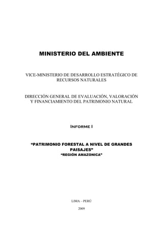 MINISTERIO DEL AMBIENTE


VICE-MINISTERIO DE DESARROLLO ESTRATÉGICO DE
             RECURSOS NATURALES


DIRECCIÓN GENERAL DE EVALUACIÓN, VALORACIÓN
  Y FINANCIAMIENTO DEL PATRIMONIO NATURAL




                 Informe I



  “PATRIMONIO FORESTAL A NIVEL DE GRANDES
                 PAISAJES”
             “REGIÓN AMAZONICA”




                  LIMA – PERÚ

                     2009
 