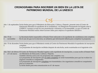 
CRONOGRAMA PARA INSCRIBIR UN BIEN EN LA LISTA DE
PATRIMONIO MUNDIAL DE LA UNESCO
Año
2
1 de septiembre Fecha límite para que el Ministerio de Educación, Cultura y Deporte presente ante el Centro de
Patrimonio Mundial el expediente de la candidatura, vía Delegación Permanente de España ante la
UNESCO. Aunque se trata de una presentación voluntaria, es recomendable, ya que el Centro de
Patrimonio Mundial realiza observaciones útiles para mejorar el expediente definitivo.
Año
2
15 de
noviembre
La Secretaría habrá respondido al Estado Parte indicando si el expediente de candidatura está completo.
En el caso de que no lo estuviera, se señalaría qué información faltaría para completar la propuesta.
Año
2
15 de diciembre Fecha límite para que el Ministerio remita al Centro de Patrimonio Mundial el expediente de inscripción
completo.
Las propuestas de inscripción recibidas después de esta fecha, serán examinadas en el siguiente ciclo.
Año
2
Del 1 de febrero
al 1 de marzo
El Centro de Patrimonio Mundial registra cada expediente de inscripción, y acusa recibo al Estado Parte
vía Ministerio de Educación, Cultura y Deporte.
También informa acerca de si la propuesta está completa o no.
Las propuestas de inscripción que no estén completas no serán transmitidas para que las evalúen los
órganos consultivos competentes.
Las propuestas de inscripción completas son transmitidas a los organismos consultivos competentes
para su evaluación.
La fecha límite para esta comunicación es el 1 de marzo.
 