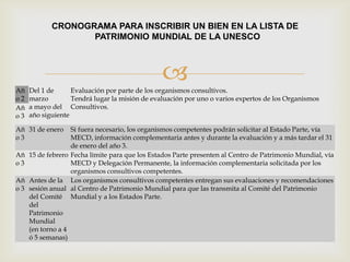 
CRONOGRAMA PARA INSCRIBIR UN BIEN EN LA LISTA DE
PATRIMONIO MUNDIAL DE LA UNESCO
Añ
o 2
Del 1 de
marzo
a mayo del
año siguiente
Evaluación por parte de los organismos consultivos.
Tendrá lugar la misión de evaluación por uno o varios expertos de los Organismos
Consultivos.Añ
o 3
Añ
o 3
31 de enero Si fuera necesario, los organismos competentes podrán solicitar al Estado Parte, vía
MECD, información complementaria antes y durante la evaluación y a más tardar el 31
de enero del año 3.
Añ
o 3
15 de febrero Fecha límite para que los Estados Parte presenten al Centro de Patrimonio Mundial, vía
MECD y Delegación Permanente, la información complementaria solicitada por los
organismos consultivos competentes.
Añ
o 3
Antes de la
sesión anual
del Comité
del
Patrimonio
Mundial
(en torno a 4
ó 5 semanas)
Los organismos consultivos competentes entregan sus evaluaciones y recomendaciones
al Centro de Patrimonio Mundial para que las transmita al Comité del Patrimonio
Mundial y a los Estados Parte.
 