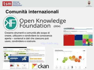 Comunità internazionali

                                                 (2004)

Creiamo strumenti e comunità allo scopo di
creare, utilizzare e condividere la consocenza
aperta – contenuti e dati che ciascuno può
usare, condividere e costruire.
                                  http://okfn.org
 