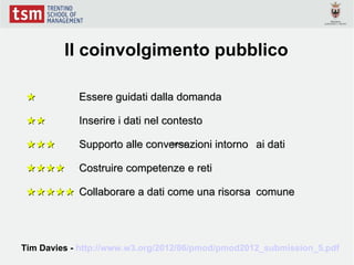 Il coinvolgimento pubblico

 ★          Essere guidati dalla domanda

 ★★         Inserire i dati nel contesto

 ★★★        Supporto alle conversazioni intorno ai dati
                              Tim Da




 ★★★★       Costruire competenze e reti

 ★★★★★ Collaborare a dati come una risorsa comune




Tim Davies - http://www.w3.org/2012/06/pmod/pmod2012_submission_5.pdf
 