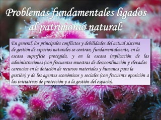 En general, los principales conflictos y debilidades del actual sistema
de gestión de espacios naturales se centran, fundamentalmente, en la
escasa superficie protegida, y en la escasa implicación de las
administraciones (con frecuentes muestras de descoordinación y elevadas
carencias en la dotación de recursos materiales y humanos para la
gestión) y de los agentes económicos y sociales (con frecuente oposición a
las iniciativas de protección y a la gestión del espacio).
 