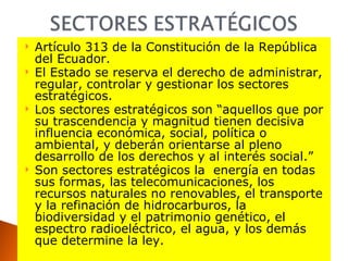 Artículo 313 de la Constitución de la República del Ecuador. El Estado se reserva el derecho de administrar, regular, controlar y gestionar los sectores estratégicos. Los sectores estratégicos son “aquellos que por su trascendencia y magnitud tienen decisiva influencia económica, social, política o ambiental, y deberán orientarse al pleno desarrollo de los derechos y al interés social.” Son sectores estratégicos la  energía en todas sus formas, las telecomunicaciones, los recursos naturales no renovables, el transporte y la refinación de hidrocarburos, la biodiversidad y el patrimonio genético, el espectro radioeléctrico, el agua, y los demás que determine la ley. 