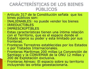 Artículo 317 de la Constitución señala  que los bines públicos son: INALIENABLES: no puede vender los bienes  IRREDUCTIBLES IMPRESCRIPTIBLES  Estas características tienen una íntima relación con el Territorio, que es el espacio donde el Estado ejerce su poder y esta limitado por sus fronteras. Fronteras Terrestres establecidas por los Estados o por Tratados Internacionales. Fronteras Marítimas 200 millas La Convención de Santiago y la CONVEMAR de la ONU 12 millas y 200 de Explotación exclusiva. Fronteras Aéreas: El espacio sobre su territorio incluyendo las orbita geoestacionaria .  
