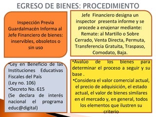 Inspección Previa Guardalmacén Informa al  Jefe Financiero de bienes: inservibles, obsoletos o sin uso Jefe  Financiero designa un inspector  presenta informe y se procede a enajenar mediante: Remate: al Martillo o Sobre Cerrado, Venta Directa, Permuta, Transferencia Gratuita, Traspaso, Comodato, Baja. Ley en Beneficio de las Instituciones Educativas Fiscales del País (Ley no. 106) Decreto No. 615 (Se declara de interés nacional el programa educ@digital) Avalúo de los bienes para determinar el proceso a seguir y su base . Considera el valor comercial actual, el precio de adquisición, el estado actual, el valor de bienes similares en el mercado y, en general, todos los elementos que ilustren su criterio 