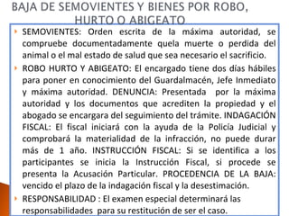 SEMOVIENTES: Orden escrita de la máxima autoridad, se compruebe documentadamente quela muerte o perdida del animal o el mal estado de salud que sea necesario el sacrificio. ROBO HURTO Y ABIGEATO: El encargado tiene dos días hábiles para poner en conocimiento del Guardalmacén, Jefe Inmediato y máxima autoridad. DENUNCIA: Presentada  por la máxima autoridad y los documentos que acrediten la propiedad y el abogado se encargara del seguimiento del trámite. INDAGACIÓN FISCAL: El fiscal iniciará con la ayuda de la Policía Judicial y comprobará la materialidad de la infracción, no puede durar más de 1 año. INSTRUCCIÓN FISCAL: Si se identifica a los participantes se inicia la Instrucción Fiscal, si procede se presenta la Acusación Particular. PROCEDENCIA DE LA BAJA: vencido el plazo de la indagación fiscal y la desestimación. RESPONSABILIDAD : El examen especial determinará las responsabilidades  para su restitución de ser el caso. 