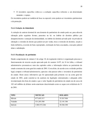20
 O inventário específico refere-se a avaliação específica referente a um determinado
momento e espaço.
Os inventários podem ser também de base ou especial; estes podem ser inventários patrimoniais
e de protecção.
5.4.4. Extinção da titularidade
A extinção de carácter dominal de um elemento de património do estado pode ser, para além da
alienação pelas seguintes formas, presentes na lei: no âmbito do domínio público por
desaparecimento e sensação da dominalidade, no âmbito de domínio privado pela via privada de
alienação e extensão de direito que podem ser por venda, troca e remissão de domínio, secção a
título definitiva, reversão de bens expropriado, restituição de bens executados, execução judicial
abate e substituição.
5.4.5. Fiscalização do património
Dando cumprimento do número 2 do artigo 10, do regimento relativo à organização processo e
funcionamento da terceira secção aprovado pela lei numero 16/97, de 10 de Julho, o tribunal
administrativo pronuncia-se num dos capítulos sobre a informação relativa ao património do
estado constante da conta geral do estado de 2001. Com efeito, de acordo com o referido perfeito
legal, compete o tribunal administrativo, apreciar e dar parecer sobre o inventário do património
do estado. Deste anexo informativo que foi apresentado pela primeira vez na conta geral do
estado de 2001, pode concluir-se da ausência da legislação sistematizada e adequada sobre
inventarização dos bens do estado e que o valor líquido do património do estado era de cerca de
103 mil milhões de dólares norte-americano descriminado como se segue com referência de 31
de 2001.
TIPO METICAIS DOLARES
Móveis 877.695.317 35.567.984
Veículos 531.285.580 22.141.346
Imóveis 1.064.572.266 44.366.388
 