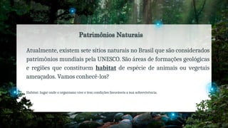 Patrimônios Naturais
Atualmente, existem sete sítios naturais no Brasil que são considerados
patrimônios mundiais pela UNESCO. São áreas de formações geológicas
e regiões que constituem habitat de espécie de animais ou vegetais
ameaçados. Vamos conhecê-los?
Habitat: lugar onde o organismo vive e tem condições favoráveis a sua sobrevivência.
2
 