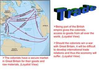 Being part of the British
                                       empire gives the colonists
                                       access to goods from all over the
                                       world. (Loyalist View)

                                       Should the colonists win a war
                                       with Great Britain, it will be difficult
                                       to develop international trade
                                       relations and thus the economy will
The colonists have a secure market    suffer. (Loyalist View)
in Great Britain for their goods and
raw materials. (Loyalist View)
 
