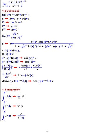 x 3
          x2 x 2
lim
x             x2 1
1.3 Derivación
f(x)     x 3 3x 2 2x 1;
f'       x 3 ·x 2 6 ·x 2
f''      x 6 ·x 6
f'''      x 6
f''''     x 0
             ex
f(x)              ;
          1 ln(x)
                                     x · ( e x ·ln ( x ) ) x 2 ·e x
f'       x
                 2 ·x · ( e x ·ln ( x ) 2 ) 4 ·x · ( e x ·ln ( x ) ) 2 ·x ·   ex
f1(x)         sin(x) ;
f2(x)         x;
(f1(x) f2(x) )                 sen ( x ) x
(f1(x) f2(x) )'                cos ( x ) 1
     f1(x)               sen ( x )         cos ( x )
           '
     f2(x)                     x2            x
d h(x) 2
                    2 ·h ( x ) ·h' ( x )
  dx
derivar(x·t e sen(t) ,t)               cos ( t ) ·e sen( t ) x


1.4 Integración
                    1 3
     x 2 dx           ·x
                    3


     x 2 dy        x 2 ·y


                      2x
     2 x dx
                    ln ( 2 )




                                                       3/4
 