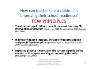 How can teachers help children in
improving their school readiness?

FEW PRINCIPLES
• The disadvantaged children benefit the most from any EFs
intervention or program (Flook et al., 2010; Karbach & Kray, 2009; Lakes &
Hoyt, 2004)

• If difficulty doesn’t increase, the activity becomes boring
and people lose interest. (Bergman Nutley et al., 2011; Holmes et al.,
2009; Klingberg et al., 2005)

• Repeated practice is necessary. The success dipends on the
amount of time spent working on improving the skills
(Klingberg et al., 2005)
24-25 October 2013 Bucharest,
Rumania Transforming the educational
relationship: intergenerational and
family learning for the lifelong learning
society

11

 