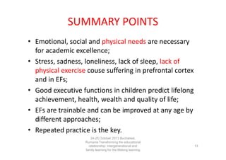 SUMMARY POINTS
• Emotional, social and physical needs are necessary
for academic excellence;
• Stress, sadness, loneliness, lack of sleep, lack of
physical exercise couse suffering in prefrontal cortex
and in EFs;
• Good executive functions in children predict lifelong
achievement, health, wealth and quality of life;
• EFs are trainable and can be improved at any age by
different approaches;
• Repeated practice is the key.
24-25 October 2013 Bucharest,
Rumania Transforming the educational
relationship: intergenerational and
family learning for the lifelong learning
society

13

 