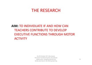 THE RESEARCH
AIM: TO INDIVIDUATE IF AND HOW CAN
TEACHERS CONTRIBUTE TO DEVELOP
EXECUTIVE FUNCTIONS THROUGH MOTOR
ACTIVITY

24-25 October 2013 Bucharest,
Rumania Transforming the educational
relationship: intergenerational and
family learning for the lifelong learning
society

19

 