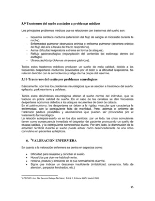 15
5.9 Trastornos del sueño asociados a problemas médicos
Los principales problemas médicos que se relacionan con trastornos del sueño son:
Isquemia cardiaca nocturna (alteración del flujo de sangre al miocardio durante la
noche).
Enfermedad pulmonar obstructiva crónica o enfisema pulmonar (deterioro crónico
del flujo del aire a través del tracto respiratorio).
Asma (dificultad respiratoria extrema en forma de ataques).
Reflujo gastroesofágico (regurgitación del contenido del estómago dentro del
esófago).
Úlcera péptida (problemas ulcerosos gástricos).
Todos estos trastornos médicos producen un sueño de mala calidad, debido a los
frecuentes despertares nocturnos provocados por el dolor o la dificultad respiratoria. Se
relación también con la somnolencia y fatiga diurna propia del insomne.
5.10 Trastornos del sueño por problemas neurológicos
Básicamente, son tres los problemas neurológicos que se asocian a trastornos del sueño:
epilepsia, parkinsonismo y cefaleas.
Todos estos desórdenes neurológicos alteran el sueño normal del individuo, que se
traduce en pobre calidad de sueño. En el caso de las cefaleas se dan frecuentes
despertares nocturnos debidos a los ataques recurrentes de dolor de cabeza.
En el pakinsonismo, los despertares se deben a la rigidez muscular que caracteriza la
enfermedad, con la consiguiente falta de movilidad. Pero, además el enfermo de
Parkinson padece pesadillas y alucinaciones que pueden ser provocadas por el
tratamiento farmacológico.
La relación epilepsia-sueño va en los dos sentidos: por un lado, las crisis convulsivas
tienen como consecuencia inmediata el despertar del paciente provocando un sueño de
escasa calidad, y la consiguiente somnolencia diurna. Por otro lado, la disminución de la
actividad cerebral durante el sueño puede actuar como desencadenante de una crisis
convulsiva en pacientes epilépticos.
6. 9
VALORACION ENFERMERA
En cuanto a la valoración enfermera se centra en aspectos como:
Dificultad para relajarse y conciliar el sueño.
Horas/día que duerme habitualmente.
Horario, postura y ambiente en el que normalmente duerme.
Signo que indican un descanso insuficiente (irritabilidad, cansancio, falta de
atención, parpados hinchados, etc.)
9
ATS/DUE Libro Del Servicio Gallego De Salud, Edit # 1, Editorial MAD, Madrid 2006.
 
