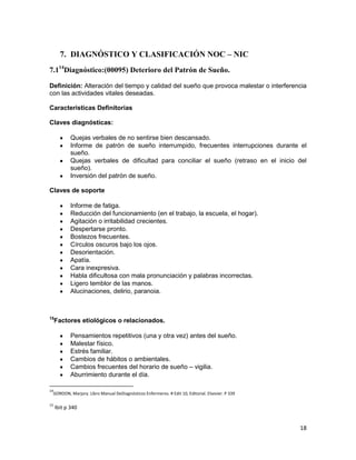 18
7. DIAGNÓSTICO Y CLASIFICACIÓN NOC – NIC
7.114
Diagnóstico:(00095) Deterioro del Patrón de Sueño.
Definición: Alteración del tiempo y calidad del sueño que provoca malestar o interferencia
con las actividades vitales deseadas.
Características Definitorias
Claves diagnósticas:
Quejas verbales de no sentirse bien descansado.
Informe de patrón de sueño interrumpido, frecuentes interrupciones durante el
sueño.
Quejas verbales de dificultad para conciliar el sueño (retraso en el inicio del
sueño).
Inversión del patrón de sueño.
Claves de soporte
Informe de fatiga.
Reducción del funcionamiento (en el trabajo, la escuela, el hogar).
Agitación o irritabilidad crecientes.
Despertarse pronto.
Bostezos frecuentes.
Círculos oscuros bajo los ojos.
Desorientación.
Apatía.
Cara inexpresiva.
Habla dificultosa con mala pronunciación y palabras incorrectas.
Ligero temblor de las manos.
Alucinaciones, delirio, paranoia.
15
Factores etiológicos o relacionados.
Pensamientos repetitivos (una y otra vez) antes del sueño.
Malestar físico.
Estrés familiar.
Cambios de hábitos o ambientales.
Cambios frecuentes del horario de sueño – vigilia.
Aburrimiento durante el día.
14
GORDON, Marjory. Libro Manual DeDiagnósticos Enfermeros. # Edit 10, Editorial. Elsevier. P 339
15
Ibit p 340
 