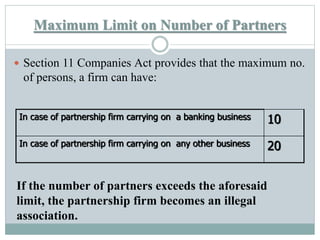 Maximum Limit on Number of Partners
 Section 11 Companies Act provides that the maximum no.
of persons, a firm can have:
...