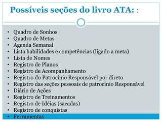Possíveis seções do livro ATA: :
• Quadro de Sonhos
• Quadro de Metas
• Agenda Semanal
• Lista habilidades e competências (ligado a meta)
• Lista de Nomes
• Registro de Planos
• Registro de Acompanhamento
• Registro do Patrocínio Responsável por direto
• Registro das seções pessoais de patrocínio Responsável
• Diário de Ações
• Registro de Treinamentos
• Registro de Idéias (sacadas)
• Registro de conquistas
• Ferramentas
 