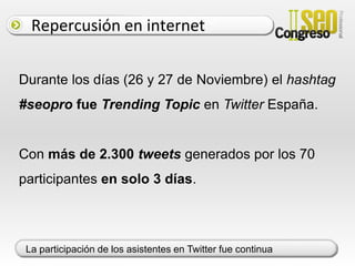 Programa 2010Día 26 de NoviembreHora	Conferencia / Ponente09.00	Recepción de asistentes	09.30	Keyword Hunting 	Felipe García (SEOprofesional)	10.45	Próximas tendencias SEOLakilEssady (@lakil)	12.15	Analítica Web y SEO	Adrian Segovia (El País)	13.30	Presentación Herramienta Matrix	Ramón de la Guardia (InspiritLabs)	14.00	Comida	16.00	Mesa redonda: Estrategias de Linkbuilding16.45	Estrategias SEO en site multi-idioma y región 	Sergio Simarro (Shackelton)	18.15	Caso de Estudio: TopRural	Noemí Santos (TopRural)	19.00	Caso de estudio: CMS y posicionamiento 	Javier Lorente (Grupo Prisa)	20.00	El futuro del SEO 	Terraza, cocktail, coloquio	21.30	Cena	Día 27 de Noviembre	Hora 	Conferencia / Ponente09.00Indexación: Cuando tu site es enooooorme.Alfonso Moure (RelevantTraffic)	10:00	Big Site SEO 	Connor O’Connor (Hoteles.es)	10:45	Presentación Herramienta SMMART Estefania Ferrando (Cierzo Develop.)	11.45	SEO Linkbuilding a fondo	Javier Ortiz (@vseo)	12.45	SEO CompetitiveAnalysis & SEOToolsJenLopez (SEOmoz)	14.00	Comida	16.00	Optimizando para la búsqueda local Aleyda Solís (Internet Advantage)17.00	No solo de Google vive el SEOSEOCharlie18.15	Diseño de LandingPages para SEO 	Fernando Muñoz (Sr. Muñoz)	19.00	Linkbuilding en redes de blogs 	Miguel Pascual (Interdigital)	20.00	Clausura del congreso	Charlas técnicas, ponencias, herramientas y networking