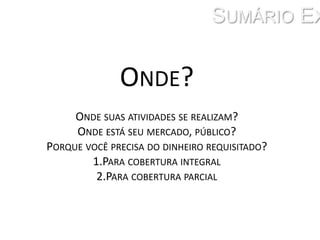 Sumário ExecutivoOnde? Onde suas atividades se realizam? Onde está seu mercado, público? Porque você precisa do dinheiro requisitado?1.Para cobertura integral2.Para cobertura parcial