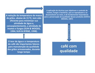 A aplicação de técnicas que objetivam o controle de
                                         insetos, fungos e bactérias, que se reproduzem e se
A redução da temperatura da massa      desenvolvem no meio, é de fundamental importância
                                      para a preservação da qualidade desses produtos (SUN &
de grãos, abaixo de 15 ºC, tem sido                         WOODS, 1997)
     eficiente para minimizar sua
          atividade de água e,
                                                                  r
 conseqüentemente, a atividade de                                 e
  insetos e fungos (SUN & WOODS,                                  s
                                                                  u
     1994; SUN & BYRNE, 1998).                                    l
                                                                  t
                                                                  a
                                                                  d
                                                                  o

 O teor de água e a temperatura
 do café são importantes fatores
  para manutenção da qualidade                          café com
 dos grãos armazenados, durante
           longo tempo                                  qualidade
 