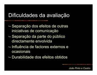Dificuldades da avaliação
 Separação dos efeitos de outras
 iniciativas de comunicação
 Separação da parte do público
 directamente envolvida
 Influência de factores externos e
 ocasionais
 Durabilidade dos efeitos obtidos

                                     João Pinto e Castro
 