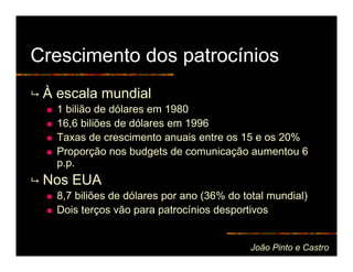 Crescimento dos patrocínios
 À escala mundial
   1 bilião de dólares em 1980
   16,6 biliões de dólares em 1996
   Taxas de crescimento anuais entre os 15 e os 20%
   Proporção nos budgets de comunicação aumentou 6
   p.p.
 Nos EUA
   8,7 biliões de dólares por ano (36% do total mundial)
   Dois terços vão para patrocínios desportivos


                                           João Pinto e Castro
 