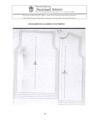 TECNOLOGIA DISEÑO TEXTIL Y MODA – ASIGNATURA: PATRONAJE INDUSTRIAL FEMENINO
DOCENTES: Maria Isleny Valencia Martínez - Diana Patricia Valbuena Agudelo - Dora Isabel Lopez Fuentes
33
ESCALADO DE LA CAMISA Y SUS PARTES
 