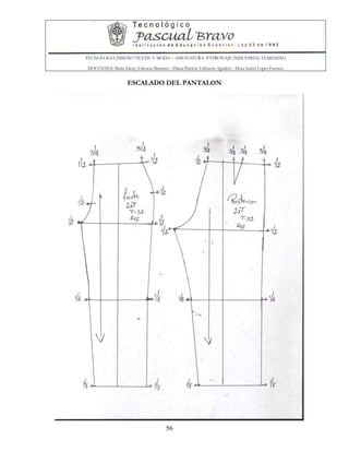 TECNOLOGIA DISEÑO TEXTIL Y MODA – ASIGNATURA: PATRONAJE INDUSTRIAL FEMENINO
DOCENTES: Maria Isleny Valencia Martínez - Diana Patricia Valbuena Agudelo - Dora Isabel Lopez Fuentes
56
ESCALADO DEL PANTALON
 