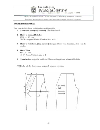 TECNOLOGIA DISEÑO TEXTIL Y MODA – ASIGNATURA: PATRONAJE INDUSTRIAL FEMENINO
DOCENTES: Maria Isleny Valencia Martínez - Diana Patricia Valbuena Agudelo - Dora Isabel Lopez Fuentes
43
BOLSILLO DIAGONAL
Este corte lo debe llevar también el corte del pantalón
1. Hacer forro vista (hoja interior): Es el forro inicial.
2. Hacer la boca del bolsillo:
C–M = 4 ó 5 cms.
M– N = diagonal 17 cms. Unir con recta M-N
3. Hacer el forro falso. (hoja exterior): Es igual al forro vista descontándole la boca del
bolsillo.
4. Hacer falso
M–G = 7 cms.
H–J = 4 cms. Unir con recta G–J.
5. Hacer la vista: es igual al molde del falso más el espacio de la boca del bolsillo.
NOTA. La tela del forro puede ser percal, género ó popelina.
 