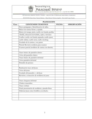 TECNOLOGIA DISEÑO TEXTIL Y MODA – ASIGNATURA: PATRONAJE INDUSTRIAL FEMENINO
DOCENTES: Maria Isleny Valencia Martínez - Diana Patricia Valbuena Agudelo - Dora Isabel Lopez Fuentes
7
PLANEACION
Clase CONTENIDO TEMÁTICO FECHA OBSERVACIÓN
Pacto pedagógico. Identificación de tallas,
d d ió d did did ó iBásico de camisa frente y espalda
Básico de manga, puño, cuello con banda, perillas
b l illAlmilla, ubicación de bolsillo, ojales y botones
Cuellos: cuello con banda separada, cuello sport,
cuello militar, cuello nerú, cuello smoking
Escalado de la camisa y sus partes
Parcial: Revisión molderia para examen
Examen parcial (molderia de camisa con diseño)
Trazo básico de pantalón clásico
Avíos del pantalón clásico
Trazo básico de pantalón informal
Avios pantalón informal
Pantalón de prenses
Realización trazo del Jeans
Avios del jeans
Escalado del pantalón y del Jean
Revisión y corrección de molderia de jeans
Trazo chaqueta informal
Chaleco masculino
Trazo corbata
Final: presentación de molderia y prenda física
Elaborar Jeans cinco bolsillos con diseño.
 
