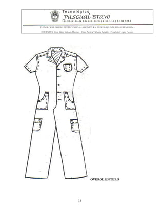 TECNOLOGIA DISEÑO TEXTIL Y MODA – ASIGNATURA: PATRONAJE INDUSTRIAL FEMENINO
DOCENTES: Maria Isleny Valencia Martínez - Diana Patricia Valbuena Agudelo - Dora Isabel Lopez Fuentes
73
OVEROL ENTERO
 