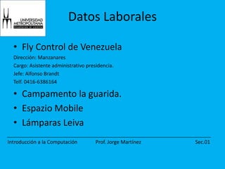 Datos LaboralesFly Control de VenezuelaDirección: ManzanaresCargo: Asistente administrativo presidencia.Jefe: Alfonso BrandtTelf. 0416-6386164Campamento la guarida.Espazio MobileLámparas Leiva