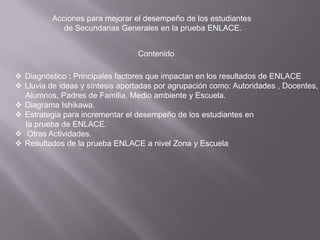 Acciones para mejorar el desempeño de los estudiantes de Secundarias Generales en la prueba ENLACE.ContenidoDiagnóstico : Principales factores que impactan en los resultados de ENLACE