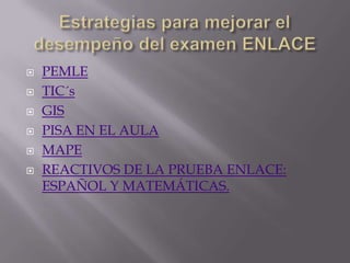 FACTORES DE IMPACTO ENLA PRUEBAENLACEAUTORIDADESDOCENTESALUMNOSEXÁMEN  ENLACEPADRES DE FAMILIAMEDIO AMBIENTEESCUELADiagrama de:  ISHIKAWA