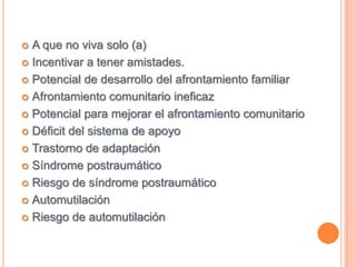 A que no viva solo (a)Incentivar a tener amistades.Potencial de desarrollo del afrontamiento familiarAfrontamiento comunitario ineficazPotencial para mejorar el afrontamiento comunitarioDéficit del sistema de apoyoTrastorno de adaptaciónSíndrome postraumáticoRiesgo de síndrome postraumáticoAutomutilaciónRiesgo de automutilación