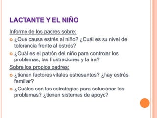 LACTANTE Y EL NIÑOInforme de los padres sobre:¿Qué causa estrés al niño? ¿Cuál es su nivel de tolerancia frente al estrés?¿Cuál es el patrón del niño para controlar los problemas, las frustraciones y la ira?Sobre los propios padres:¿tienen factores vitales estresantes? ¿hay estrés familiar?¿Cuáles son las estrategias para solucionar los problemas? ¿tienen sistemas de apoyo?