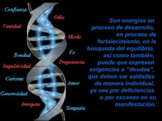 Son energías en  proceso de desarrollo,  en proceso de fortalecimiento, en la búsqueda del equilibrio,  así como también,  puede que expresen  exigencias o “deudas”,  que deben ser saldadas  de manera individual,  ya sea por deficiencias  o por excesos en su manifestación. 
