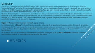 ANEXOS
Conclusión
Como verán, si es que este artículo logró ilustrar sobre las distintas categorías y tipos de patrones de diseño, no debemos
“reinventar la rueda” en varias de nuestras aplicaciones. Hay mucho trabajo ya realizado, testeado y aceptado que en un entorno
similar a mi problema ya aporta una solución satisfactoria. ¿Para qué voy a inventar un ladrillo si ya otro lo hizo y el mismo ya fue
usado en la edificación de millones de estructuras con éxito?
Quienes deseen ampliar su conocimiento respecto a este tema pueden consultar la bibliografía adjunta. Además, les comento que
Microsoft no es ajeno a todo este movimiento; más aún, es conciente de la importancia del mismo y tiene sus comentarios e ideas
al respecto. El tema se reduce a una cuestión de enfoque; en el siguiente diagrama puede verse cómo presenta Microsoft su
concepción de patrones de diseño (Ver Figura 1):
Figura 1: Marco de Patrones según Microsoft. Volver al texto.
En el diagrama de la Figura 1, Microsoft sostiene que las columnas de la tabla son enfoques o puntos de vista de la solución,
mientras que las filas representan los niveles de abstracción. Un ejemplo muy conocido en el ambiente de desarrollo Web es el
patrón de diseño de capas (layers), el cual plantea la separación de una aplicación en una capa de presentación, una de negocio y
una de datos.
En un futuro artículo abordaremos un interesante concepto o paradigma, el de los ANTI- Patrones, acerca del cual tomé
conocimiento durante mi investigación sobre Patrones de Diseño.
 