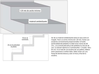 Ser de un material antideslizante tanto en seco como en 
mojado. Tener un ancho mínimo de 1.20 mts. Contar con 
escalones correctamente proporcionados: la huella 
(profundidad del peldaño) no debe tener menos de 28 
cms., y la contrahuella (altura del peldaño) no más de 18 
cms. La relación óptima es 2 contrahuellas + 1 huella = 60 a 
65 cms. Si se trata de una escalera de uso público, deberá 
tener pasamanos a ambos lados. Debe contar con una 
franja de distinta textura y color al inicio y final de la 
escalera. 
 