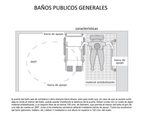 BAÑOS PUBLICOS GENERALES 
características 
la puerta del baño sea de corredera o abra siempre hacia afuera, esto para evitar que, en caso de que el usuario sufra 
alguna caída al interior del baño, pueda quedar impidiendo la apertura de la puerta. Deben contar con un suelo de algún 
material antideslizante, y un espacio libre de al menos 150 cms. de diámetro, que permita al interior del baño el giro de 
una silla de ruedas en 360º. Junto a los artefactos sanitarios deberán instalarse barras de apoyo. Todos los accesorios 
del baño (jabonera, toallero, etc.) deben ir instalados a una altura no superior a 120 cms. del suelo. 
 