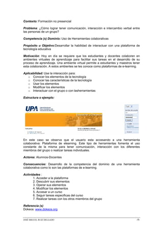 Contexto: Formación no presencial

Problema: ¿Cómo lograr tener comunicación, interacción e intercambio verbal entre
las personas de un grupo?

Competencia (s) Dominio: Uso de Herramientas colaborativas

Propósito u Objetivo:Desarrollar la habilidad de interactuar con una plataforma de
tecnología educativa

Motivación: Hoy en día se requiere que los estudiantes y docentes colaboren en
ambientes virtuales de aprendizaje para facilitar sus tareas en el desarrollo de su
proceso de aprendizaje. Una ambiente virtual permite a estudiantes y maestros tener
esta colaboración. A estos ambientes se les conoce como plataformas de e-learning.

Aplicabilidad: Use la interacción para:
   o Conocer los elementos de la tecnología
   o Conocer las características de la tecnología
   o Usar los elementos
   o Modificar los elementos
   o Interactuar con el grupo o con lasherramientas

Estructura o ejemplo:




En este caso se observa que el usuario esta accesando a una herramienta
colaborativa: Plataforma de elearning. Este tipo de herramientas fomenta el uso
constante de la misma para tener comunicación, interacción con los diferentes
miembros del grupo o realizar tareas individuales.

Actores: Alumnos-Docentes

Consecuencias: Desarrollo de la competencia del dominio de una herramienta
colaborativa como lo son las plataformas de e-learning.

Actividades :
       1. Acceder a la plataforma
       2. Descubrir sus elementos
       3. Operar sus elementos
       4. Modificar los elementos
       5. Accesar a un curso
       6. Seguir tareas especificas del curso
       7. Realizar tareas con los otros miembros del grupo

Referencia (s)
Dokeos: www.dokeos.org


JOSÉ MIGUEL RUIZ DELGADO                                                        -9-
 