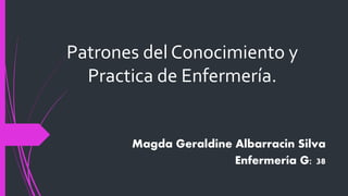 Patrones del Conocimiento y
Practica de Enfermería.
Magda Geraldine Albarracin Silva
Enfermería G: 38
 