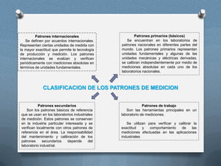 CLASIFICACION DE LOS PATRONES DE MEDICION
Patrones internacionales
Se definen por acuerdos internacionales.
Representan ciertas unidades de medida con
la mayor exactitud que permite la tecnología
de producción y medición. Los patrones
internacionales se evalúan y verifican
periódicamente con mediciones absolutas en
términos de unidades fundamentales.
Patrones primarios (básicos)
Se encuentran en los laboratorios de
patrones nacionales en diferentes partes del
mundo. Los patrones primarios representan
unidades fundamentales y algunas de las
unidades mecánicas y eléctricas derivadas,
se calibran independientemente por medio de
mediciones absolutas en cada uno de los
laboratorios nacionales.
Patrones secundarios
Son los patrones básicos de referencia
que se usan en los laboratorios industriales
de medición. Estos patrones se conservan
en la industria particular interesada y se
verifican localmente con otros patrones de
referencia en el área. La responsabilidad
del mantenimiento y calibración de los
patrones secundarios depende del
laboratorio industrial.
Patrones de trabajo
Son las herramientas principales en un
laboratorio de mediciones.
Se utilizan para verificar y calibrar la
exactitud y comportamiento de las
mediciones efectuadas en las aplicaciones
industriales
 