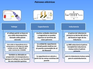 Patrones eléctricos
el voltaje patrón se baso en
una celda electroquímica
llamada celda patrón
saturada
Esta celda es dependiente de la
temperatura y el voltaje de salida
cambia cerca de -40μV/ºC del
valor nominal de 1.01858V
También es afectada en
proporción a la temperatura y
porque el voltaje es una función
de una reacción química
Voltaje
muchas unidades electricas
y magneticas se pueden
expresar en terminos de
estos patrones
La unidad de capacitancia
(farad) puede medirse con
un puente conmutable de cd
de Maxwell
la capacitancia se calcula a
partir de las ramas resistivas del
puente
Capacitancia
el patron de inductancia
primaria se deriva del ohm y
del farad en lugar de los
inductores
La NBS seleccionó el patron
Campbell de inductancia
mutua como el patron
primario
para la inductancia mutua como
para la autoinductancia.
inductancia
 