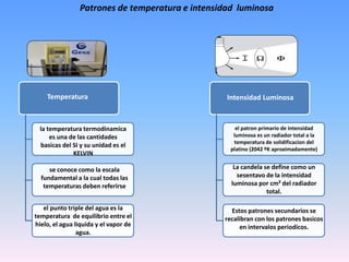 Patrones de temperatura e intensidad luminosa
la temperatura termodinamica
es una de las cantidades
basicas del SI y su unidad es el
KELVIN
se conoce como la escala
fundamental a la cual todas las
temperaturas deben referirse
el punto triple del agua es la
temperatura de equilibrio entre el
hielo, el agua liquida y el vapor de
agua.
Temperatura
el patron primario de intensidad
luminosa es un radiador total a la
temperatura de solidificacion del
platino (2042 ºK aproximadamente)
La candela se define como un
sesentavo de la intensidad
luminosa por cm² del radiador
total.
Estos patrones secundarios se
recalibran con los patrones basicos
en intervalos periodicos.
Intensidad Luminosa
 