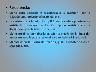 • Resistencia:
• Mano distal combina la resistencia a la inversión con la
  tracción durante la dorsiflexión del pie .
• La resistencia a la aducción y R.E. de la cadera proviene de
  resistir la inversión. La tracción opone resistencia a la
  dorsiflexión y la flexión de la cadera.
• Mano proximal combina la tracción a través de la línea del
  fémur con una fuerza rotacional para resistir la R.E. y la add.
• Manteniendo la fuerza de tracción, guie la resistencia en el
  arco adecuado.
 