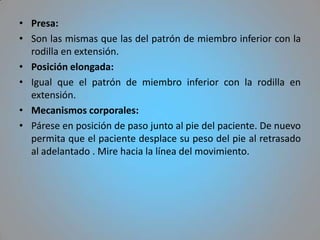 • Presa:
• Son las mismas que las del patrón de miembro inferior con la
  rodilla en extensión.
• Posición elongada:
• Igual que el patrón de miembro inferior con la rodilla en
  extensión.
• Mecanismos corporales:
• Párese en posición de paso junto al pie del paciente. De nuevo
  permita que el paciente desplace su peso del pie al retrasado
  al adelantado . Mire hacia la línea del movimiento.
 