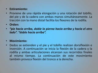 • Estiramiento:
• Proviene de una rápida elongación y una rotación del tobillo,
  del pie y de la cadera con ambas manos simultáneamente. La
  tracción con la mano distal facilita los flexores de la rodilla.
• Orden:
• “pie hacia arriba, doble la pierna hacia arriba y hacia el otro
  lado”. “doble hacia arriba”.

• Movimiento:
• Dedos se extienden y el pie y el tobillo realizan dorsiflexión e
  inversión. A continuación se inicia la flexión de la cadera y la
  rodilla y ambas articulaciones alcanzan sus recorridos finales
  al mismo tiempo. La continuación de este movimiento
  también provoca flexión del tronco a la derecha.
 