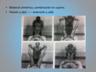 • Bilateral simétrico, combinación en supino.
• Flexión y abd ----- extensión y add.
 